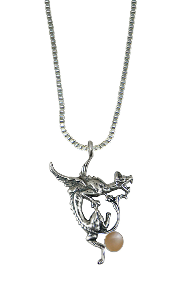 Sterling Silver Roaring Dragon Pendant With Peach Moonstone